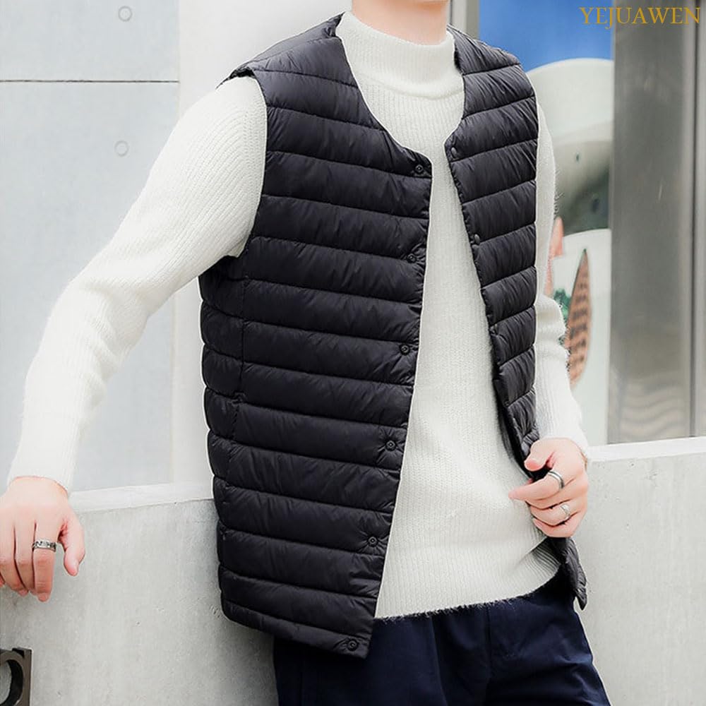 YEJUAWEN Ultralight Down Lightweight and Warm for Fall and Winter Men's Vest, Collarless, (WEN013) (L, Black)