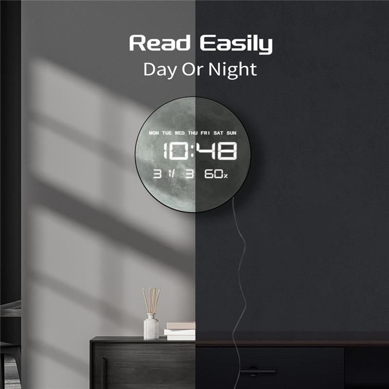 A74E-Large Display LED Digital Wall Clock Moon Planet Lunar Design Home Decor For Living Room Temperature Date Day Function