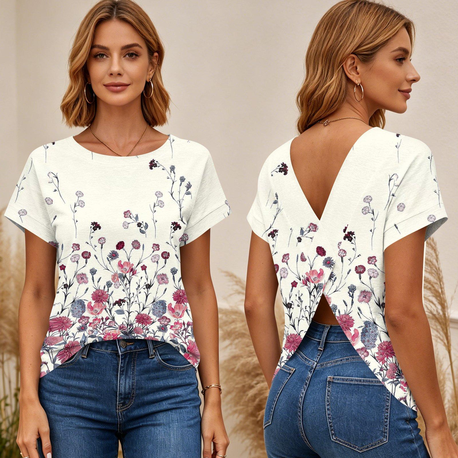 

Womens Floral Print Short Sleeve T Shirt Cross Back Open Back Tee Casual Summer Top Lightweight Breathable Fabric S рожевий