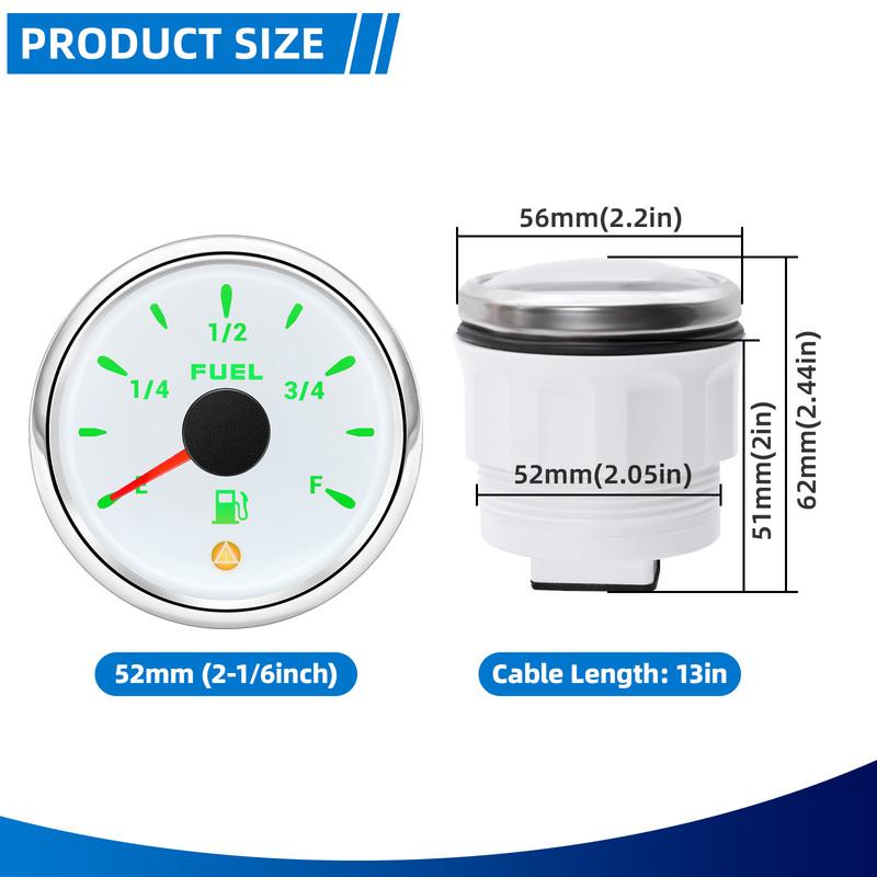 7 Color 52mm Fuel Level Gauge With 13% Flashing Alarm For 240~33ohm 0~90ohm 0~190ohm 240-30ohm Fuel Float Sensor Car Truck Boat
