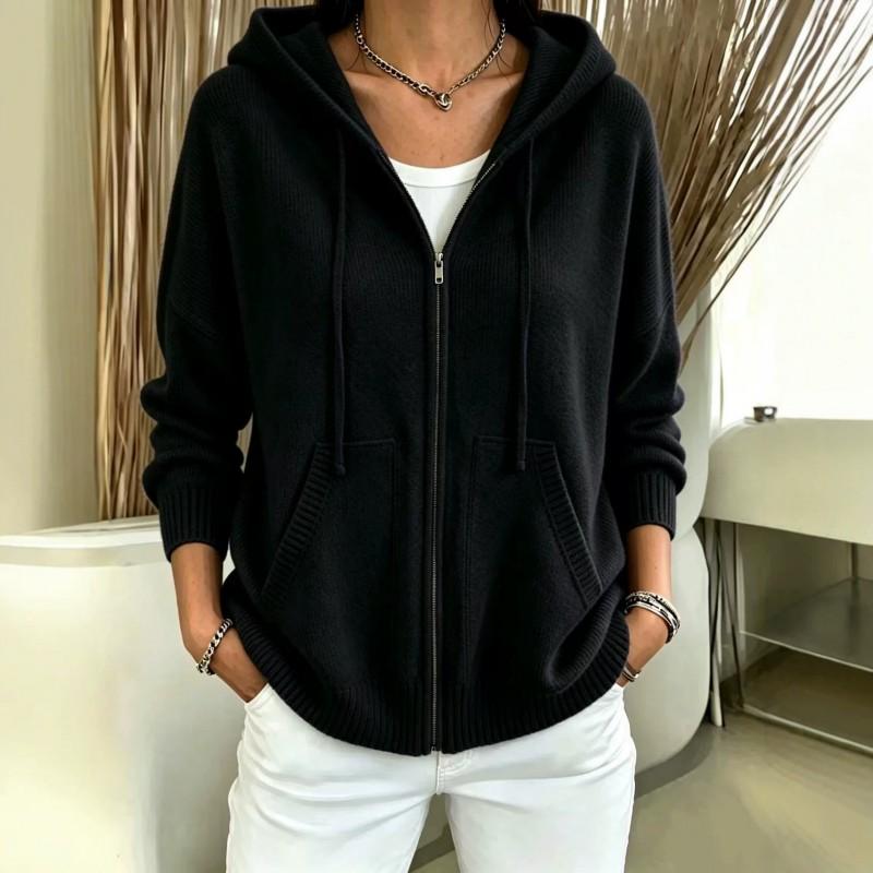 Womens Oversized Knit Hooded Zip-Up Cardigan Winter 2026 Solid Color Casual Sweater