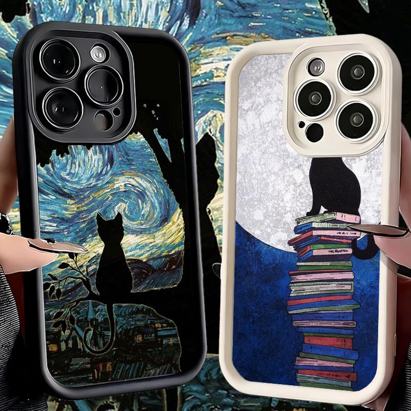 Phone Case for iPhone 17 Air 16E 15 16 Pro Max Black Cat Aesthetic Pattern Cover 14 Plus 13 12 Mini Soft Shell Silicone Fundas