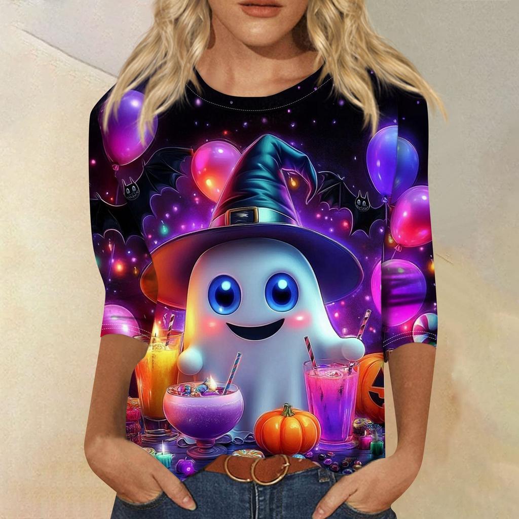 Women's Fashion Casual Three-quarter Sleeve Halloween Printed Round Neck Top