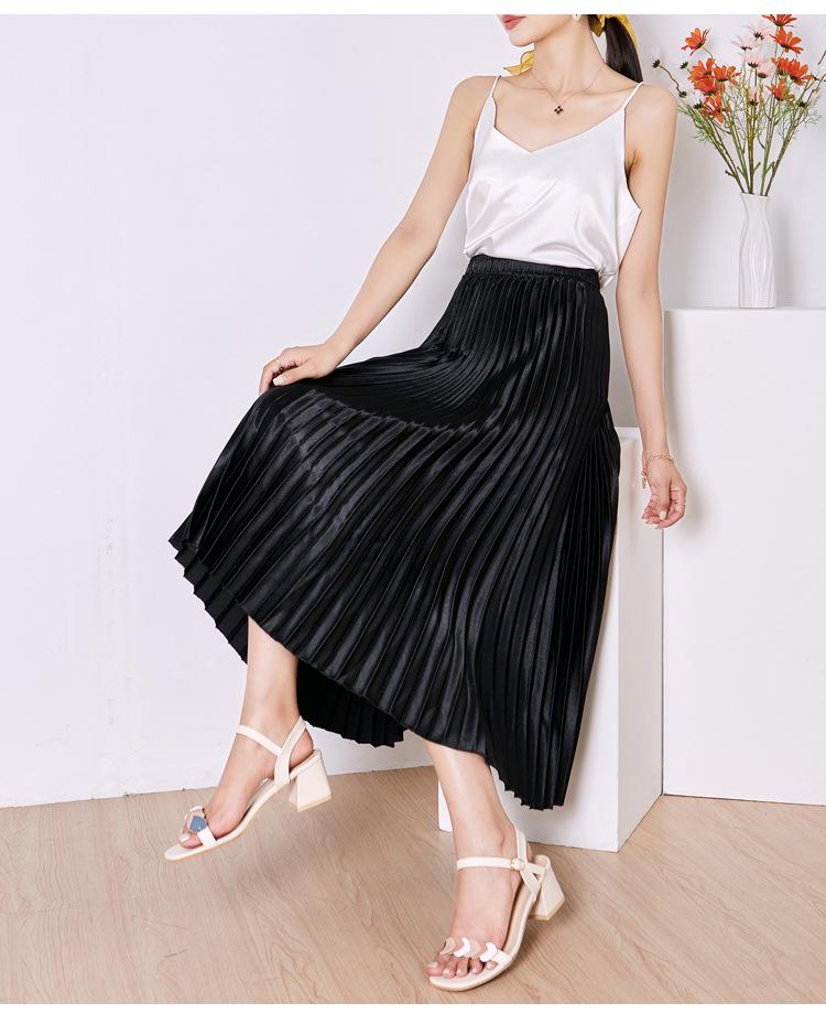 Solid Color High Waist Satin Pleated Midi Skirt - Women's New Spring/Summer/Autumn 2023 Collection