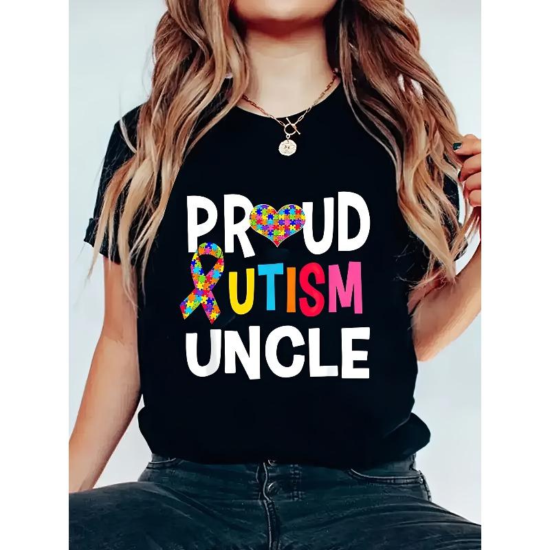 

Womens Autism Awareness Graphic T Shirt Proud Autism Uncle Design Puzzle Piece Symbols Lightweight Machine Washable Casual Crew Neck Spring Summer Top 4XL