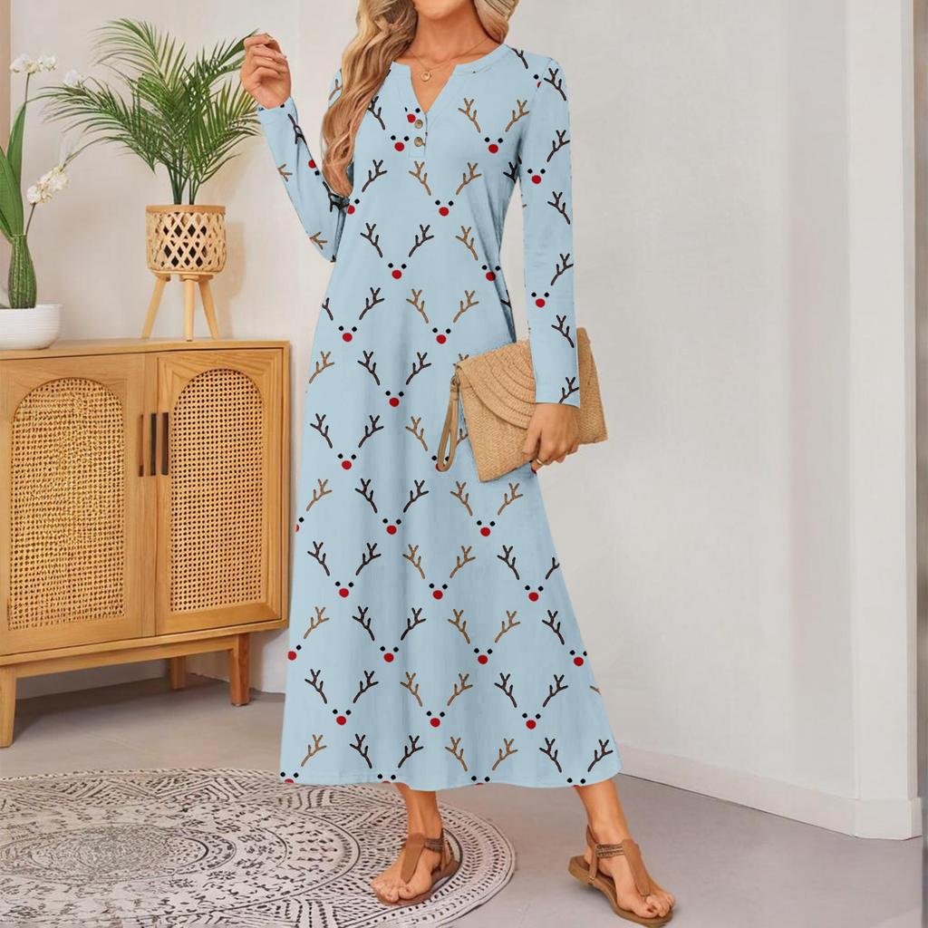women's cute printed long-sleeved comfortable loose dress, elegant dress