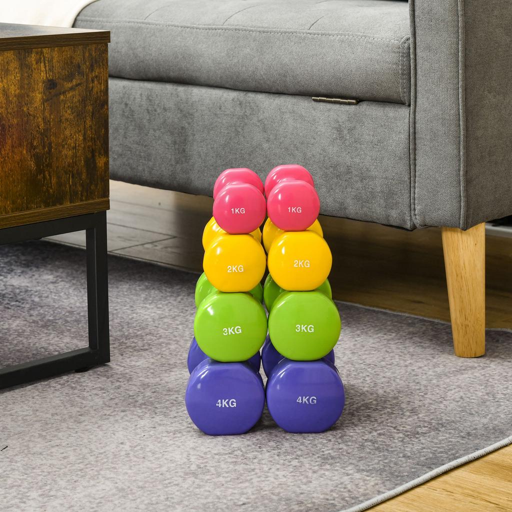 Dumbbells, Set of 8 Hexagonal, 20 kg, 4 Pairs 1-4 kg, Neoprene, Multicolor