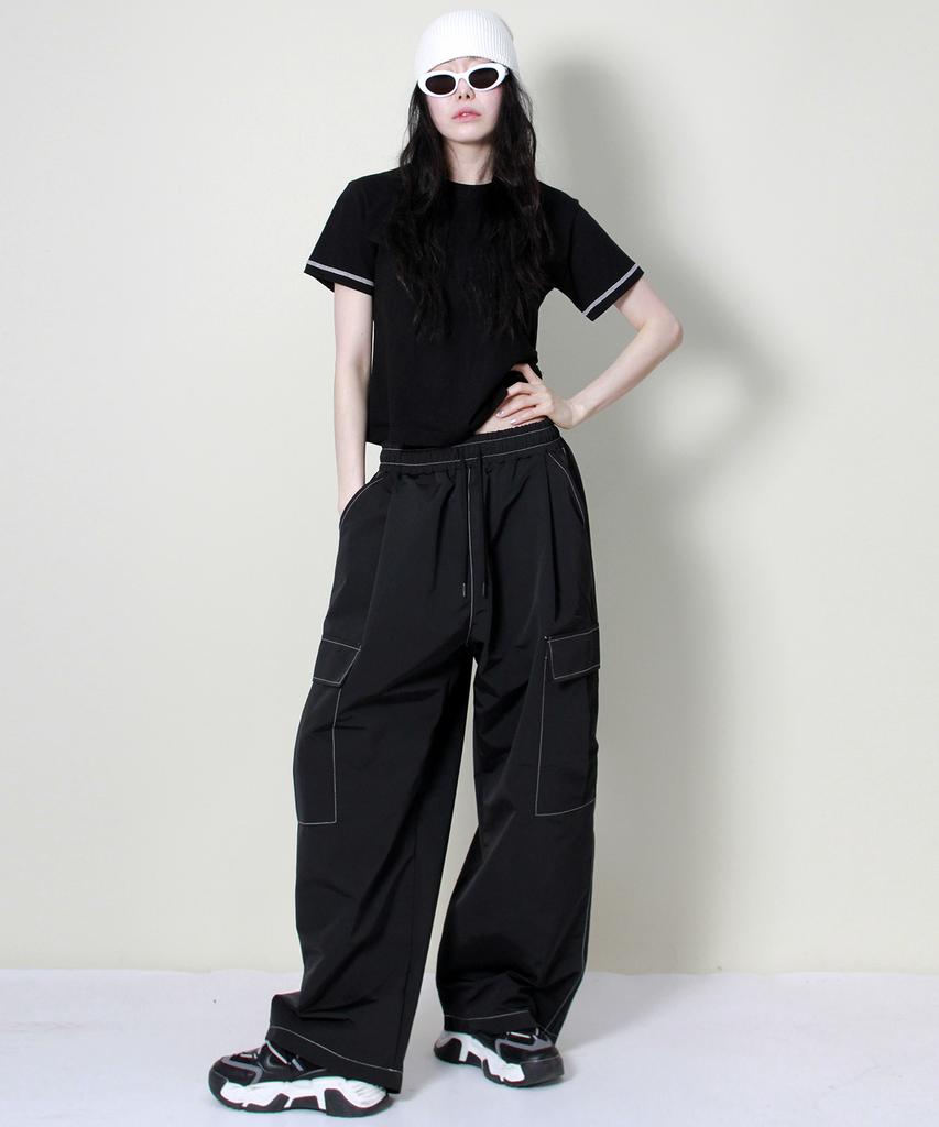 Deumakeu Real Street Wide Contrast Stitch Cargo Track Pants Black
