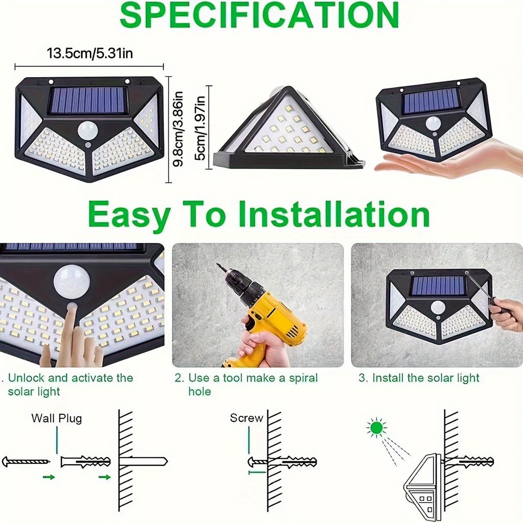 2PCS Solar Light 100 LED Motion Sensor Solar Light 3 Lighting Modes Suitable for Walls Courtyards Gardens Passages KTY