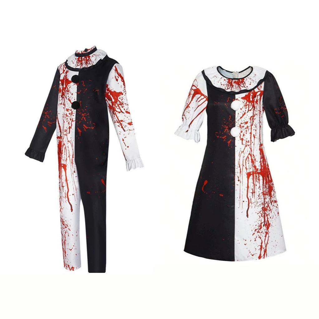 Costume da Clown Bianco e Nero con Blocchi di Colore Metà e Metà e Stampa a Macchie di Sangue Tuta Vestito Costumi per Feste di Halloween
