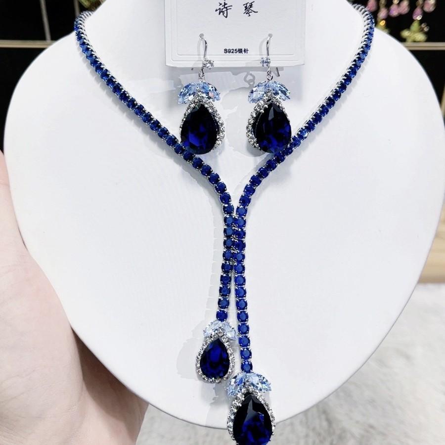 Women Fashion Trend Zircon Luxury Necklace Earrings Blue Drop Set 2025