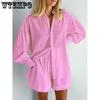 WTEMPO Completo Casual con Camicia Larga e Pantaloncini da Donna Set 2 Pezzi Set Blusa Bianca Pantaloncini Estate Maniche a Lanterna Outfit Femminili