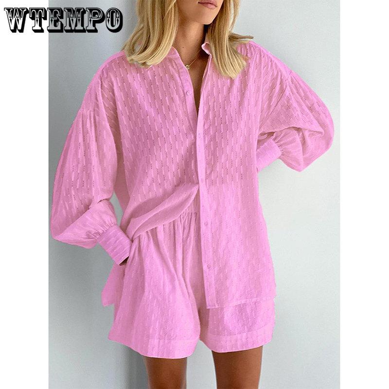 WTEMPO Completo Casual con Camicia Larga e Pantaloncini da Donna Set 2 Pezzi Set Blusa Bianca Pantaloncini Estate Maniche a Lanterna Outfit Femminili