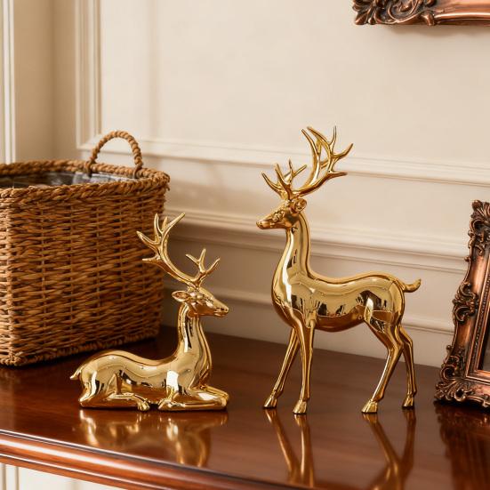 Yousheng 1 Pair Christmas Electroplating Golden Reindeer Statue Standing Sitting Elk Figurine Deer Sculpture Home Office Desktop Decoration Ornament
