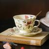 Set ceașcă și farfurioară din porțelan fin cu model flori și păsări, ceramică pictată manual, cană pentru ceai, cafea, lapte, decor casă, cadou