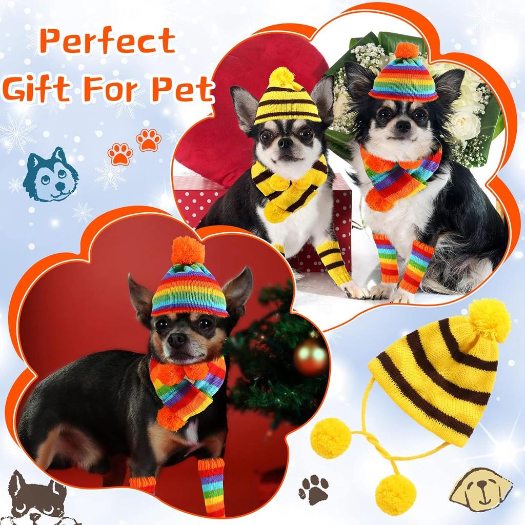 Saintrygo 12 Pcs Dog Leg Warmers Hat Scarf Set Winter Knitted Dog Costume Set Include Warm Striped Hat Small Scarf Leg Warmers for Pet Cat Puppy, S