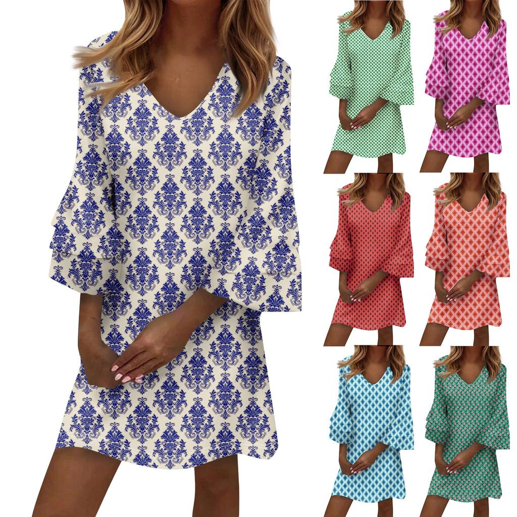 Women's Fashion Temperament Elegant Fresh Printed V-Neck 3/4 Sleeves Dress