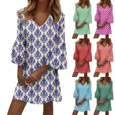 Women's Fashion Temperament Elegant Fresh Printed V-Neck 3/4 Sleeves Dress