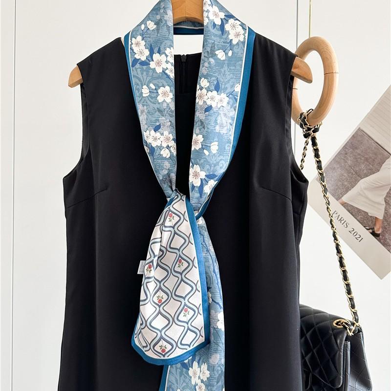 Temperament blue flower plaid silk scarf femininity mulberry silk silk scarf thin, narrow and long double-sided scarf streamer