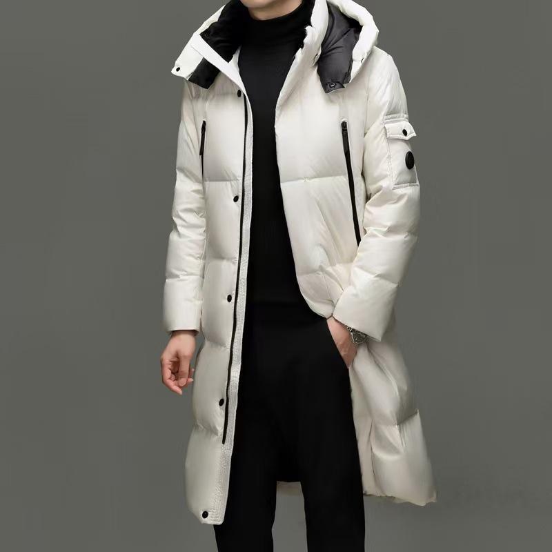 Brand 2025 Men's Winter Hooded Over-the-Knee Long Down Jacket with Fleece Lining