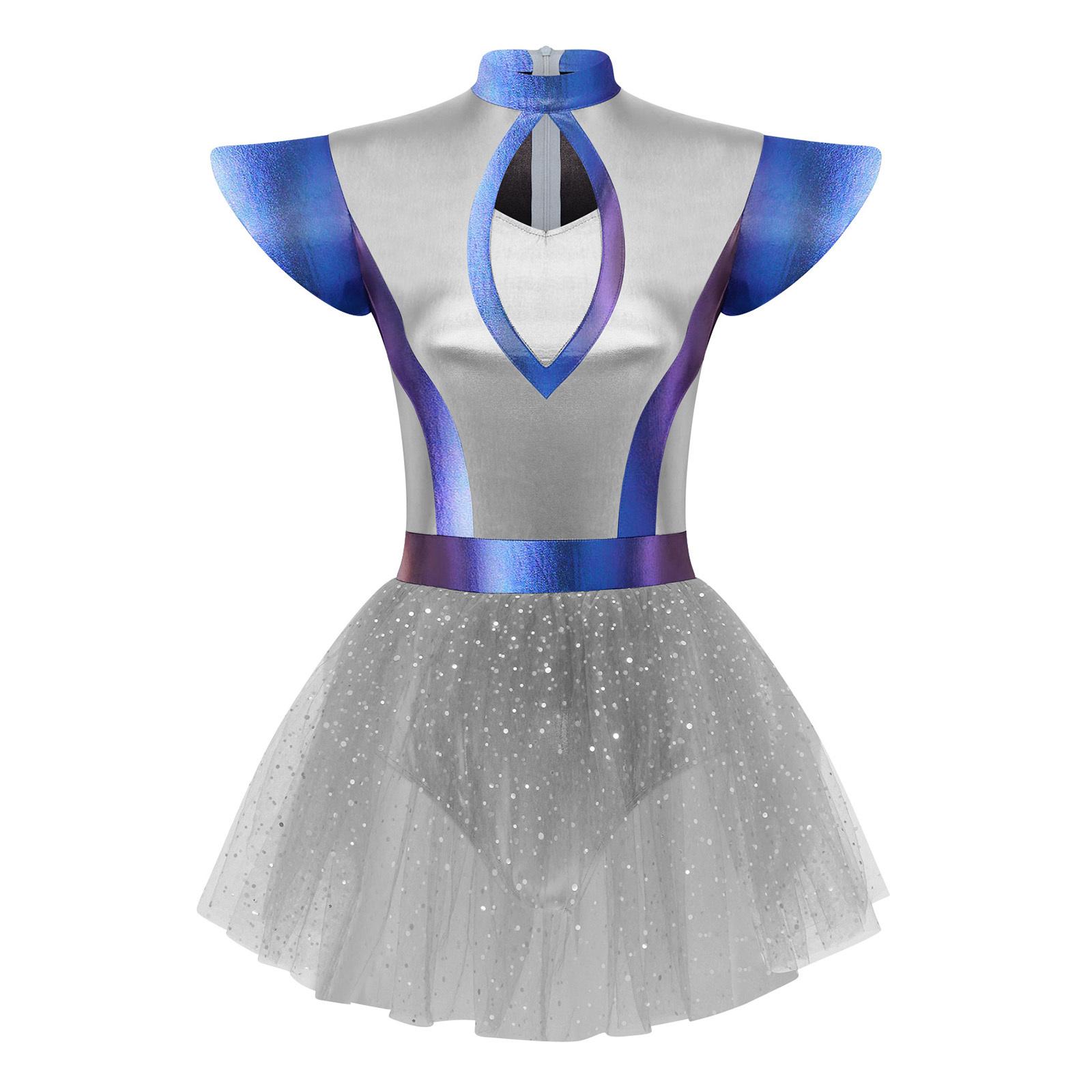 

Womens Alien Cosplay Dress Fly Sleeve Front Hollow Out Metallic Shiny Patchwork Tulle Hem Built-in Briefs S