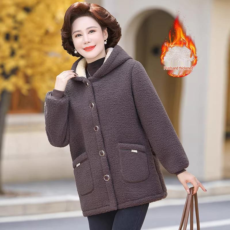 Mamas Herbst-/Winter-Kapuzenjacke aus Lammwolle für Damen, Plüsch-Samt, Verdickte warme Baumwolle für mittlere und ältere Menschen, Strukturierter Samt