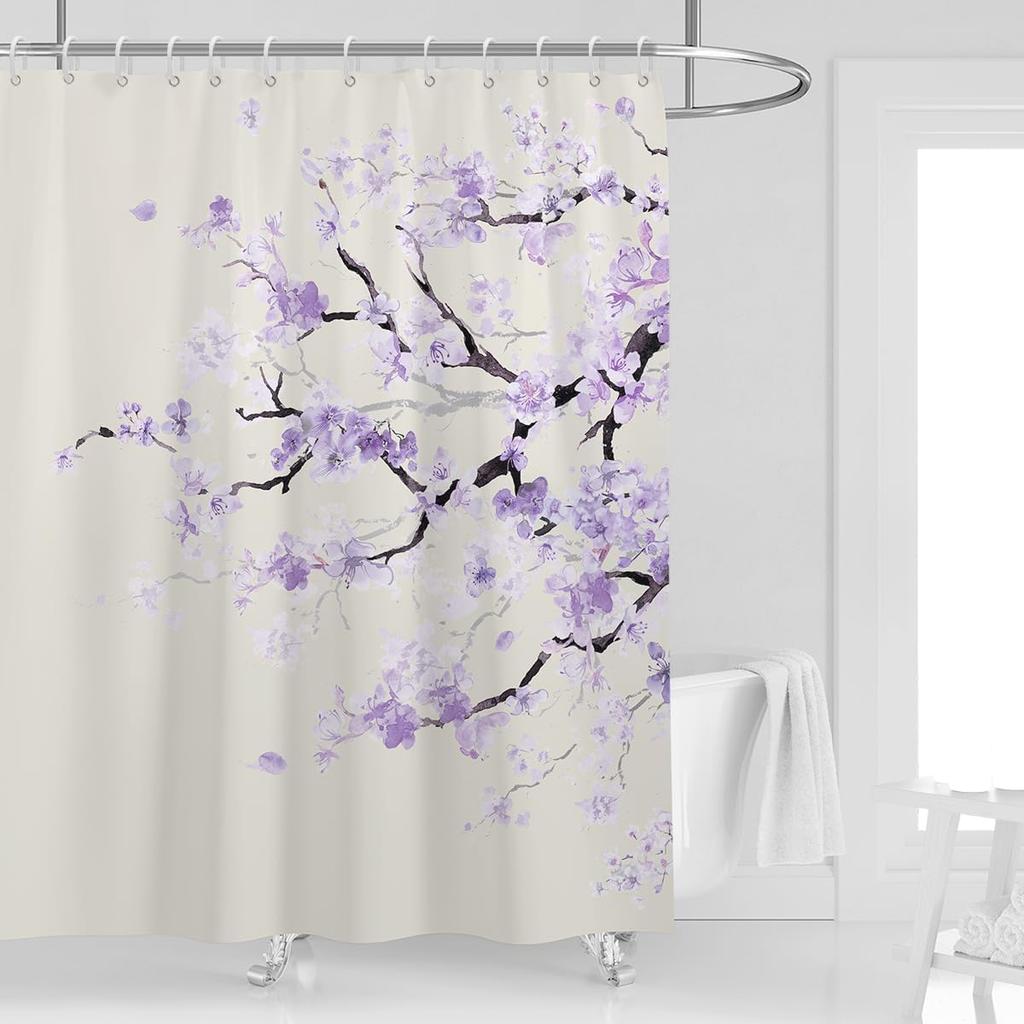 Shower Curtain Pink Cherry Floral Flowers Sakura Plum Blossom Japanese Asian Style Polyester Fabric 12 Pack Plastic Hooks