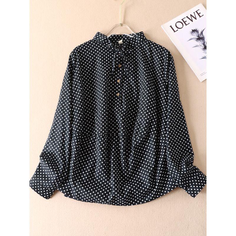 

Wa3158 Loose Long Sleeve Polka Dot Shirt Cotton Pullover Black All yards