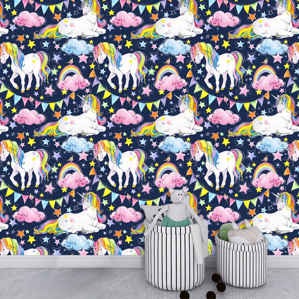 Cartoon Unicorn Rainbow Cloud Peel And Stick Wallpapers Self Adhesive Boys Kids Bedroom Decor Mural Pink/Blue