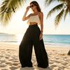 Pleated Palazzo Pants Women Wide Leg Casual Pants, Elastic Waist Solid Color Loose Breathable Trousers, Spring Fall with Pockets Lightweight