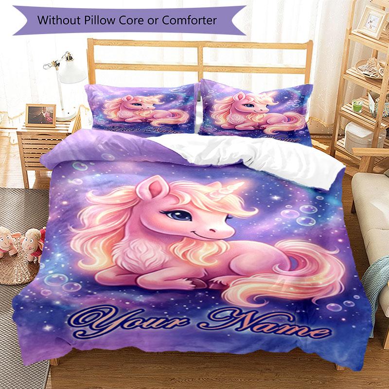 3PC Custom Name Magical Unicorn Fantasy Bedding Set Duvet Cover Closure Includes 1 Duvet Cover & 2 Pillowcases for Bedroom