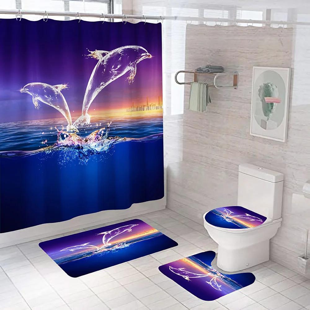 Ocean Dolphin Bathroom Set Animal Waterproof Fabric Shower Curtain Set Sea Scenery Pedestal Rugs Flannel Toilet Cover Bath Mats