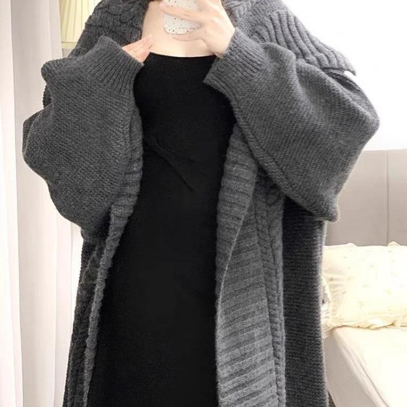 Women's Autumn Winter Knit Cardigan: Korean Style, Large Lapel, Mid-Length, Loose Fit, High-End Casual Sweater.