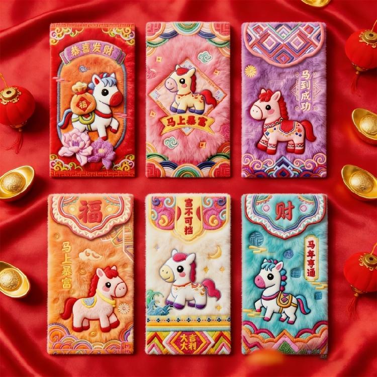 6Pcs Embroidered Horse Red Envelope Paper Red Packets Year of Horse Lucky Money Holder for Chinese New Year Gift Giving