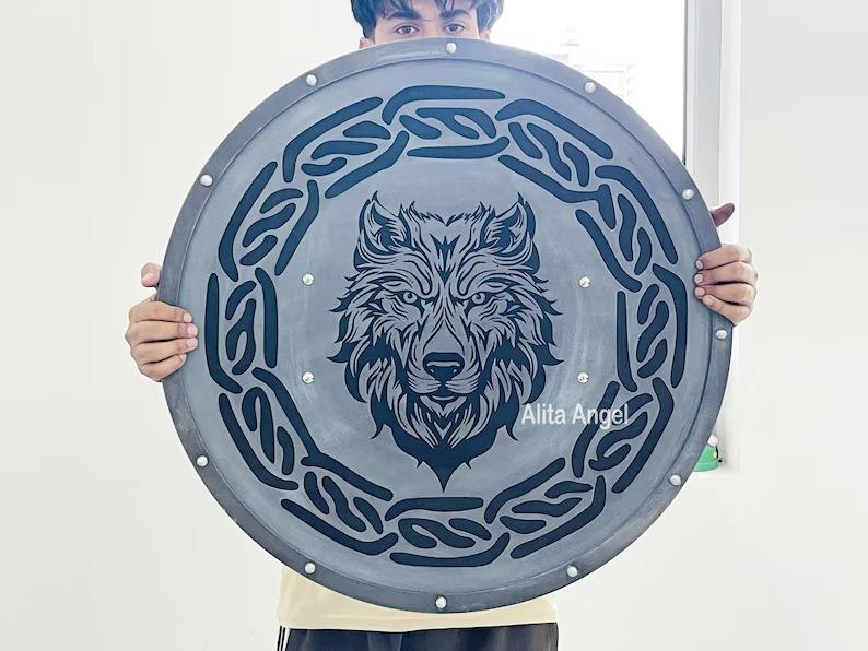 Fenrir Wolf Viking Shield: Battleworn Wooden Norse Decor