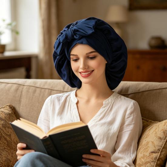 Sleeping Satin Bonnet with Elastic Tie Band Adjustable Large Silk Hair Bonnet Wrap Solid Color Women Braids Long Curly Hair Night Sleep Cap