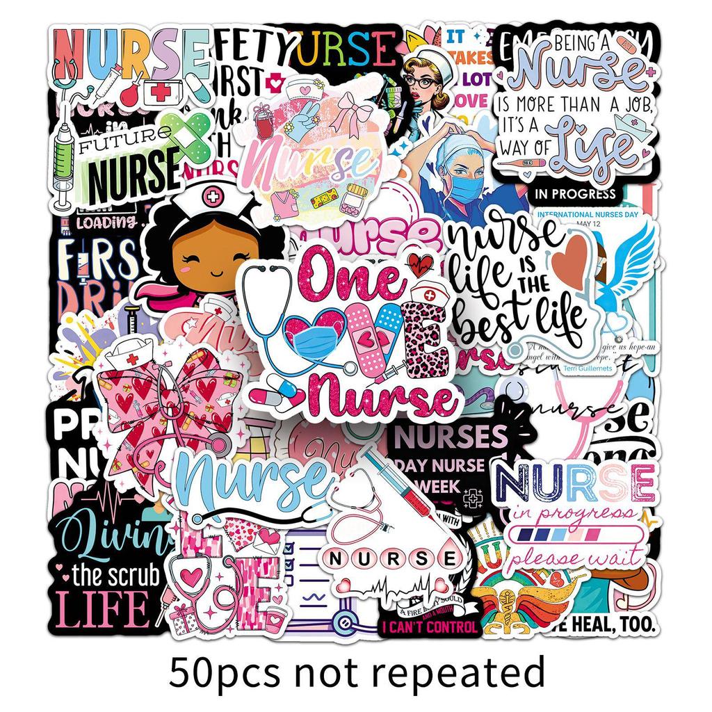 50 Waterproof Nurse's Day Stickers: Festival Characters & English Graffiti Designs for Decorating Fridges, Earphones, and Journals.