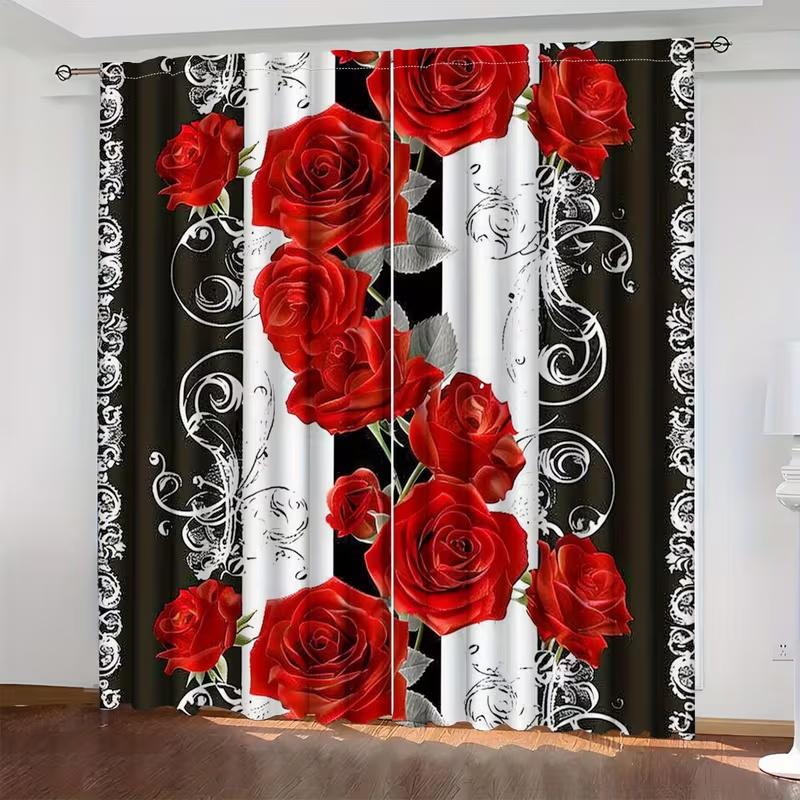 2 Pcs Red Flower Stripes Print Curtains,suitable for Bedroom,living Room Kitchen Decoration,home Decoration,window Decoration