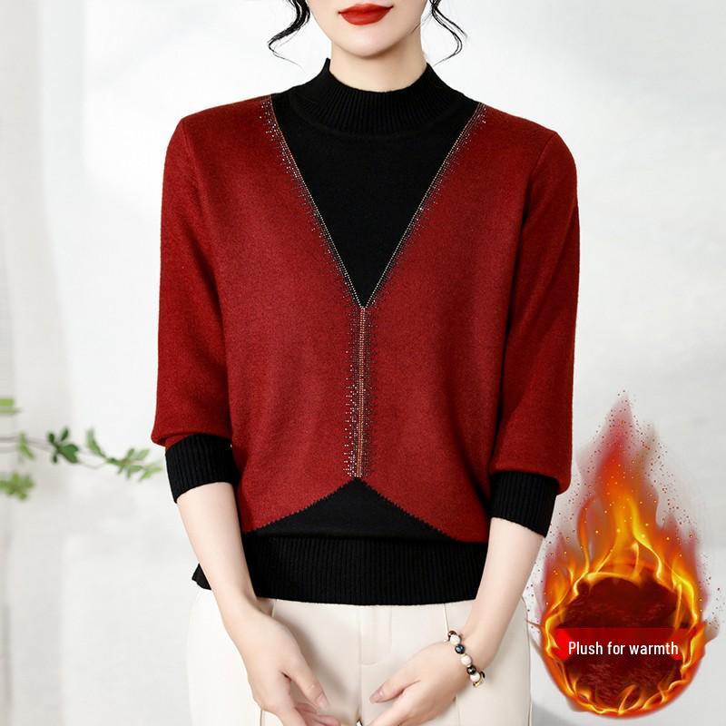 

Plush-Lined Knit Sweater: Faux Two-Piece, Stylish Base Layer for Middle-Aged and Elderly - Perfect for Autumn and Winter Warmth One Size 90-145 Jin