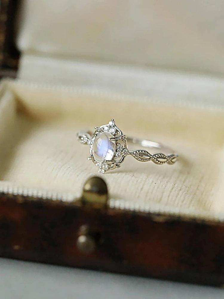 925 Sterlingového Stříbra Vintage Jednoduchost Personalizovaný Prsten s Měsíčním Kamenem Pro Ženy Zásnubní Svatba Luxusní Vysoká Kvalita Jemné Šperky