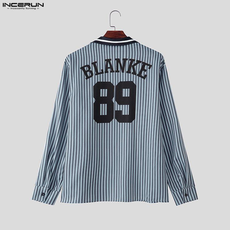 INCERUN Oversized Men Lapel Long Sleeve Striped Letter Print Casual Loose Tops T-Shirts