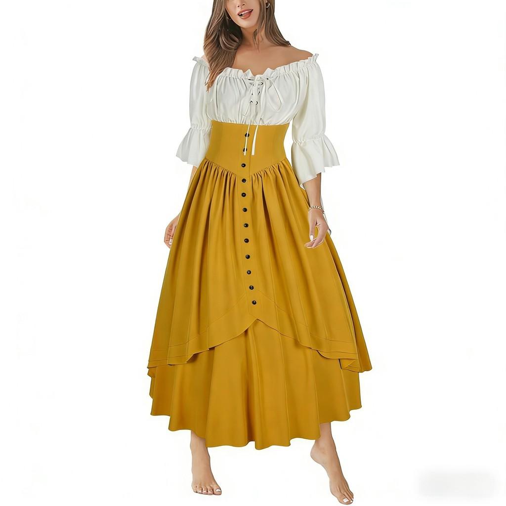 Renaissance Costume Dress With Asymmetric Hem And Puffed Sleeves For Artistic Cosplay And Vintage Events