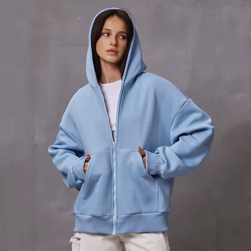 Womens Solid Color Long Sleeve Zip Up Hooded Sweatshirt Loose Fit Casual Streetwear