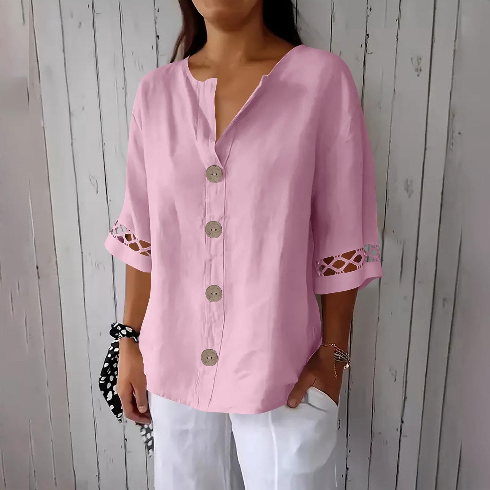 

Linen Shirts For Women Loose Fit 3/4 Sleeve V Neck Tops Summer Dressy Casual Button Down Blouses Lace Patchwork S рожевий