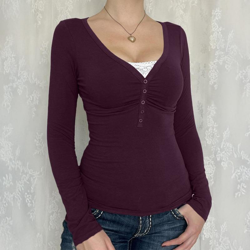Frühling Herbst Schlank geschnitten V-Ausschnitt Gestricktes T-Shirt Damen Knöpfe Langarmshirt Einfarbig Einfache Büro-Oberteile Elegante Mode Freizeit Damenbekleidung XL