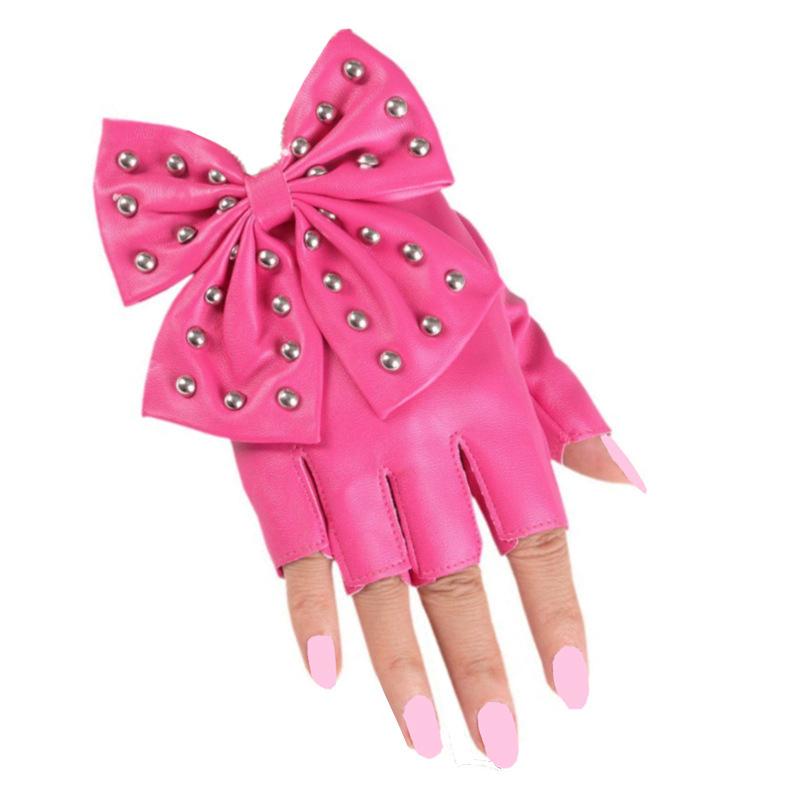 

Женские перчатки без пальцев из ПУ кожи с большим бантом и заклепками, для вечеринок, танцев, сценических выступлений, танцев в ночном клубе, Лолита косплей варежки One Size