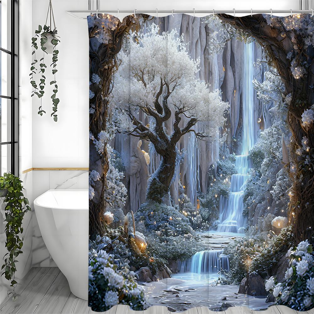 Buz Dünyası Şelale Çiçek ve Ağaç Duş Perdesi, Banyo Dekoratif Duş Perdesi, Kancalı Su Geçirmez Duş Perdesi