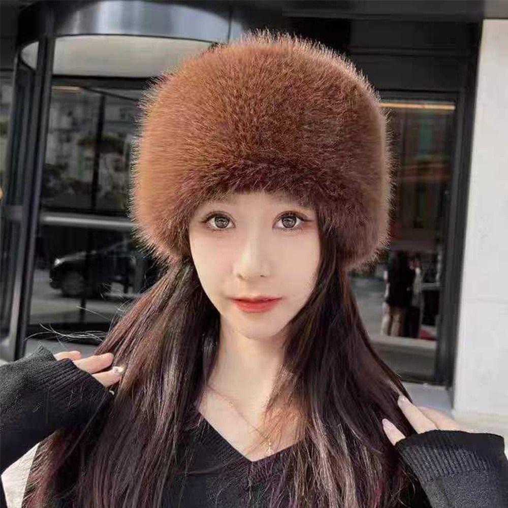 Smooth Mongolian Fluffy Hat Thickened Fur Fluffy Texture Warm Bucket Hat Round Top Ear Protection Winter Hat Ladies Headwear