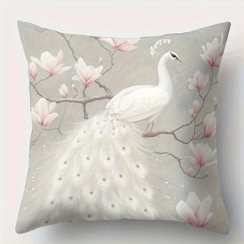 White Peacocks and Magnolia Blossoms Doublesided Printed Pillow Cover Short Plush Suitable Living Room Sofa Throw Cushion Cover