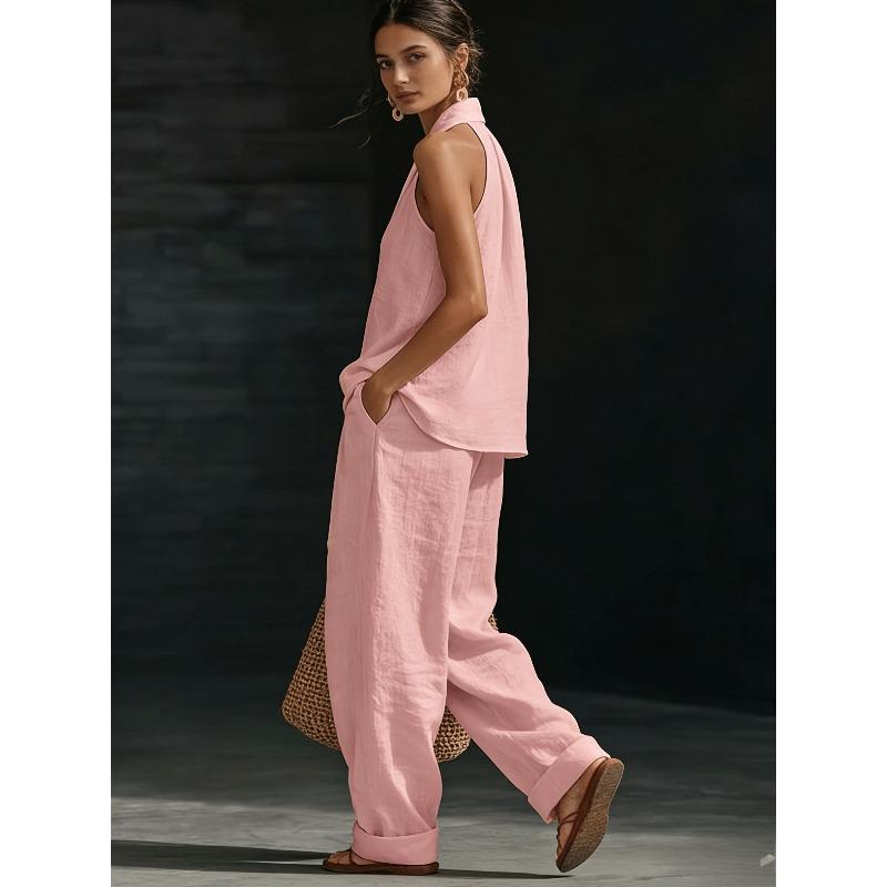 Set 2 Pezzi 2026 Stile Vacanza da Donna e Set Collo in Lino Top Senza Maniche Scollo a V Lento Pantaloni a Gamba Larga Set Due Pezzi